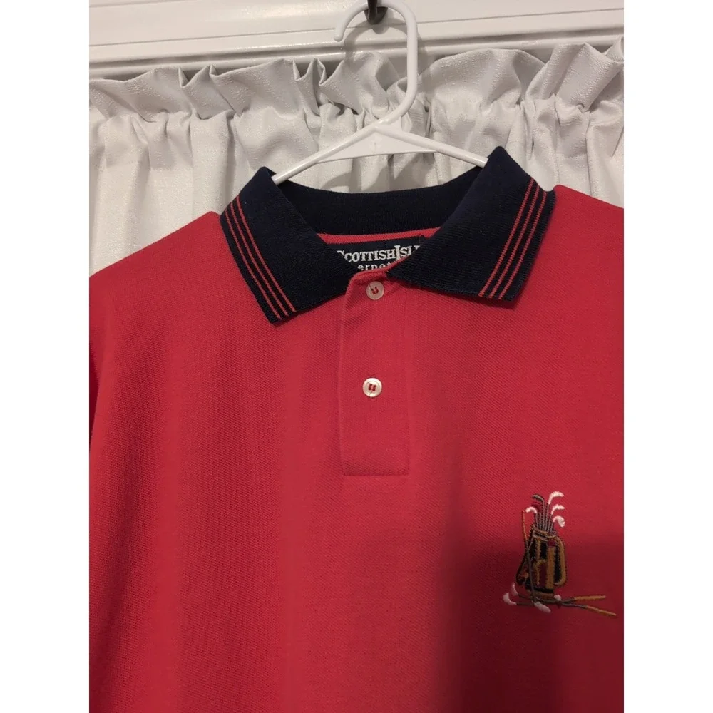Scottish Isle by Bernette Men's Embroidered Cotton Golf Polo Red & Navy L Preppy